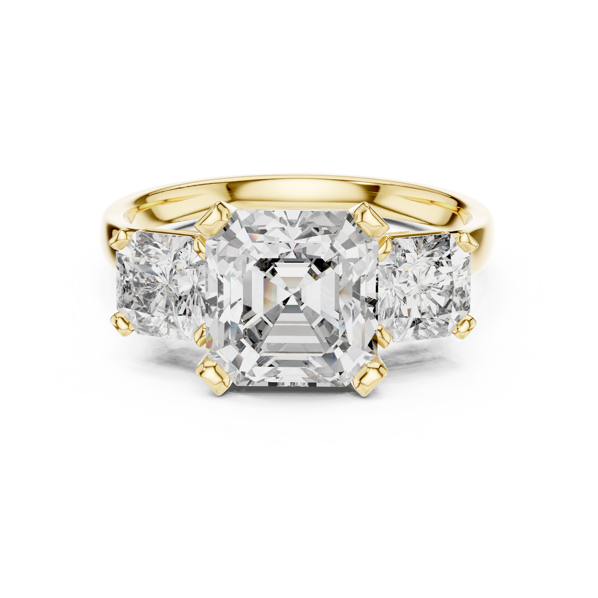 Asscher Cut Three Stone Moissanite Statement Ring in yellow 925 sterling silver, view 4