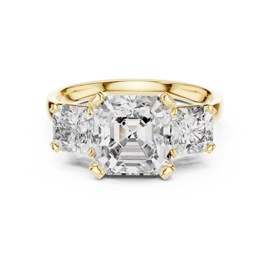 Asscher Cut Three Stone Moissanite Statement Ring in yellow 925 sterling silver, view 4
