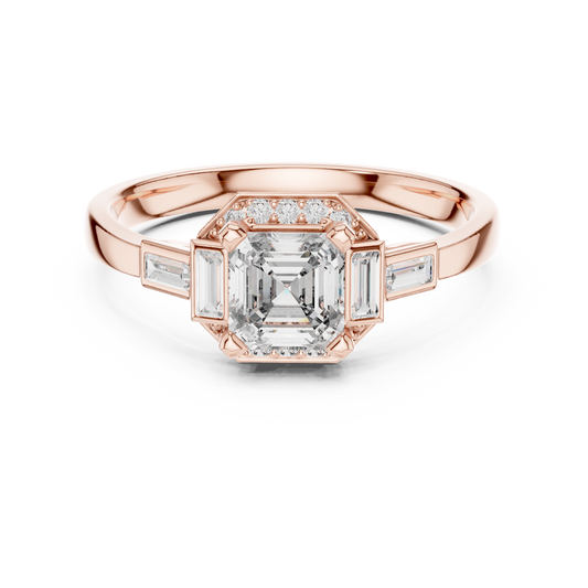 Asscher Cut Octagon Halo Moissanite Ring with Baguette Shoulders in rose 925 sterling silver, view 4