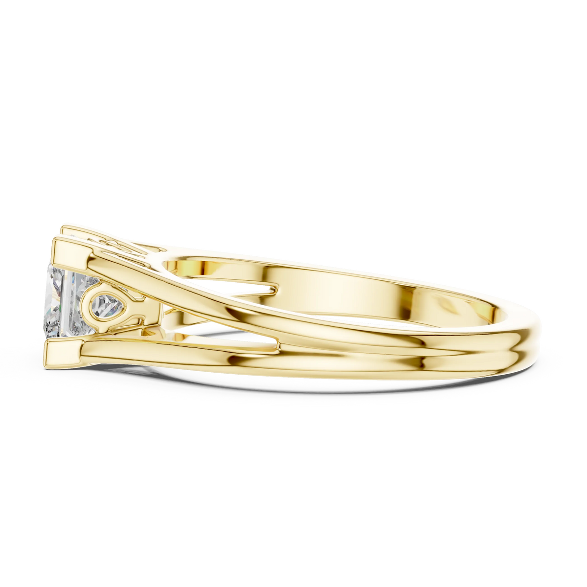 Princess Cut Solitaire Moissanite Split Shank Ring in yellow 925 sterling silver, view 3