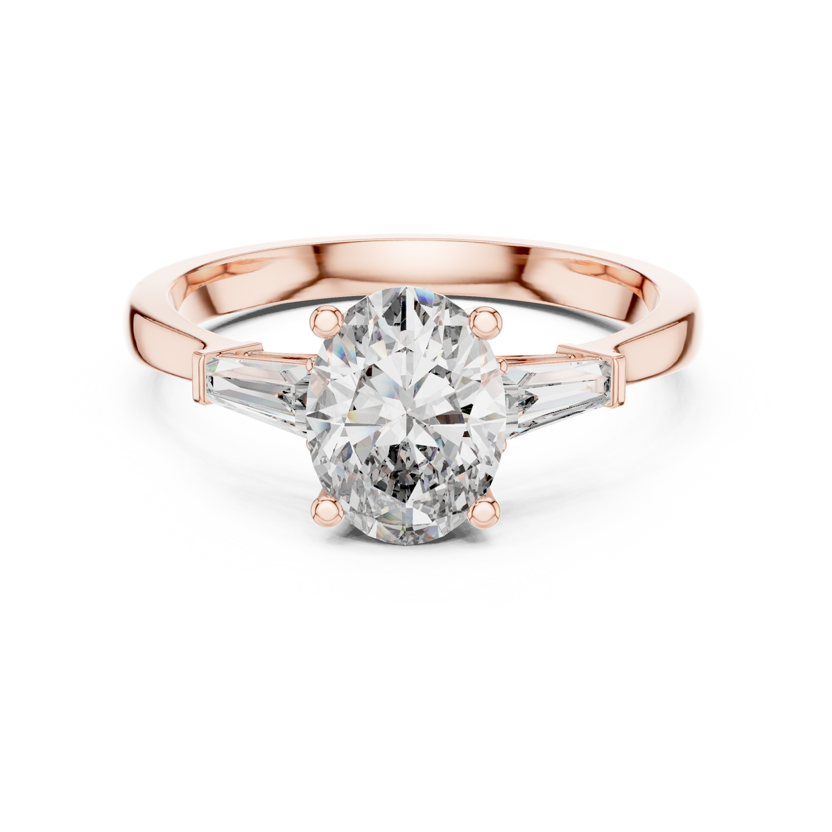 Oval Moissanite Ring with Tapered Baguette Sides in rose 925 sterling silver, view 4
