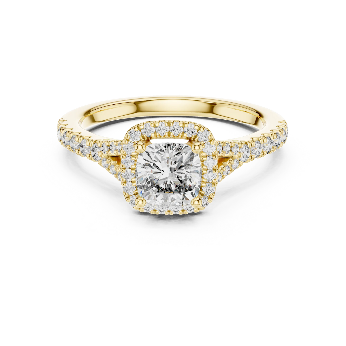 Cushion Halo Moissanite Engagement Ring in yellow 925 sterling silver, view 4