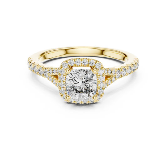 Cushion Halo Moissanite Engagement Ring in yellow 925 sterling silver, view 4