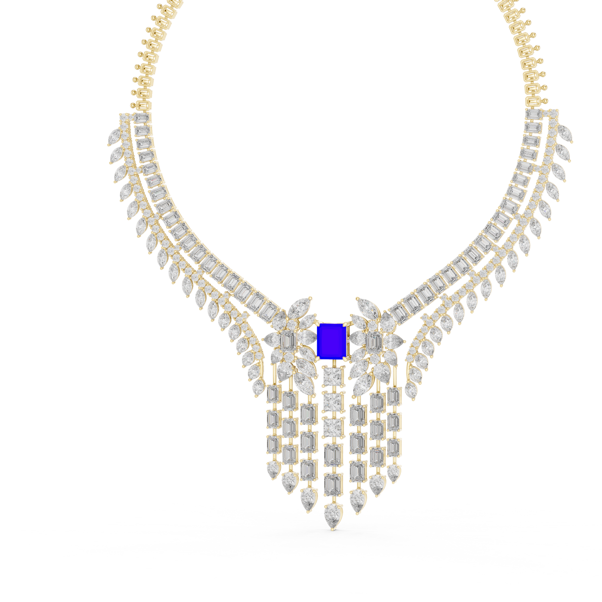 Statement Fringe Collar Necklace with Blue Centre Stone in yellow 925 sterling silver, view 2