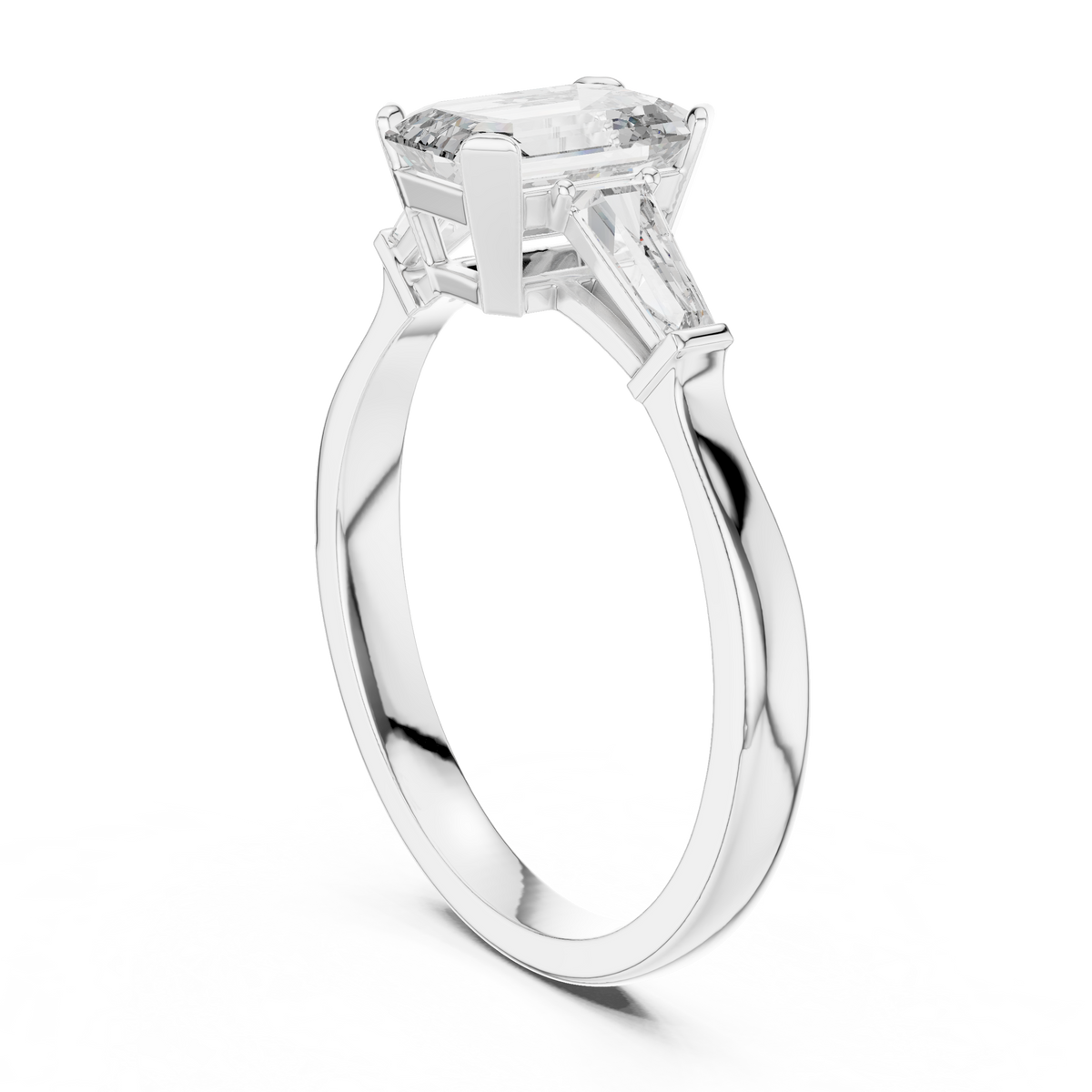 Emerald Cut Moissanite Ring with Tapered Baguette Sides in white 925 sterling silver, view 1