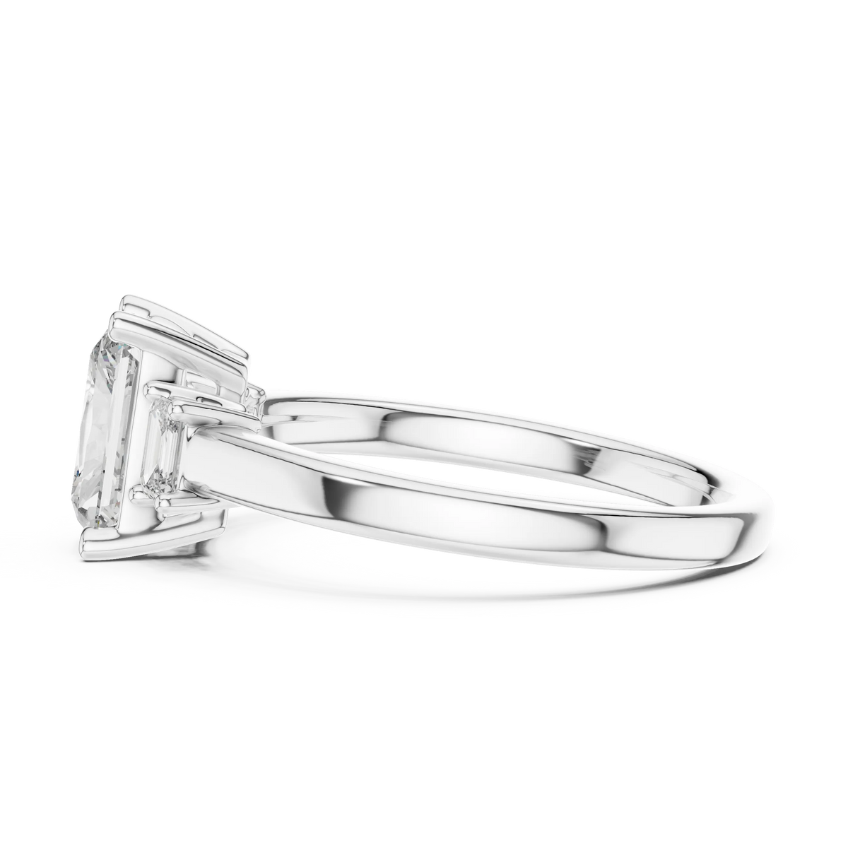 Radiant Cut Moissanite Ring with Baguette Side Stones in white 925 sterling silver, view 3