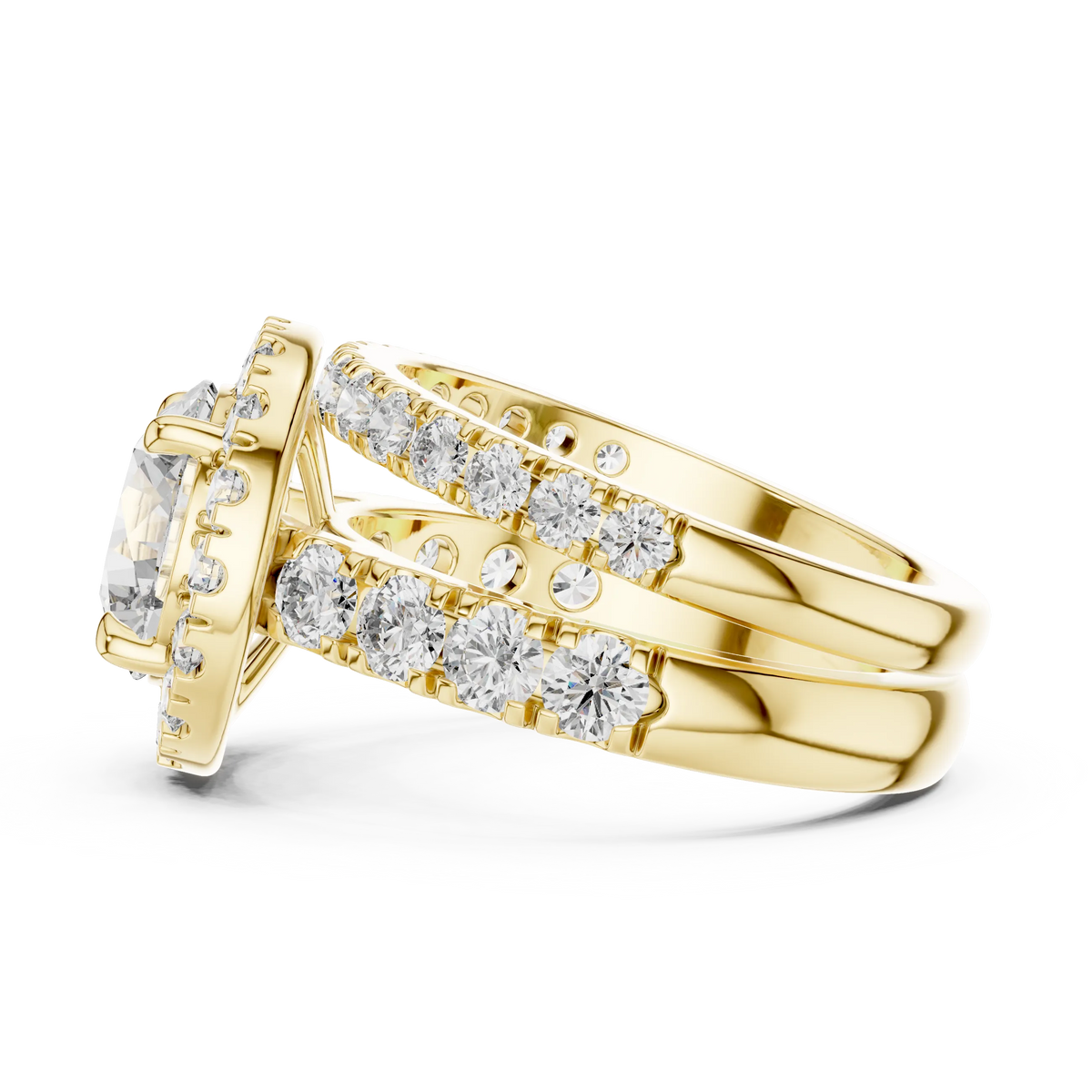 Round Halo Moissanite Double Band Ring in yellow 925 sterling silver, view 3