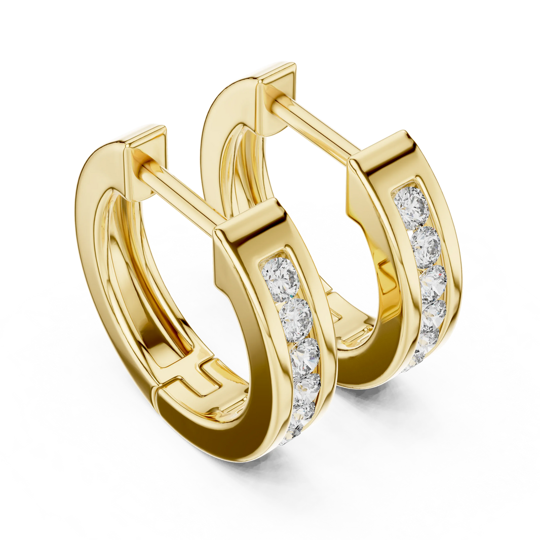 Moissanite channel set huggie earrings in yellow 925 sterling silver, view 2
