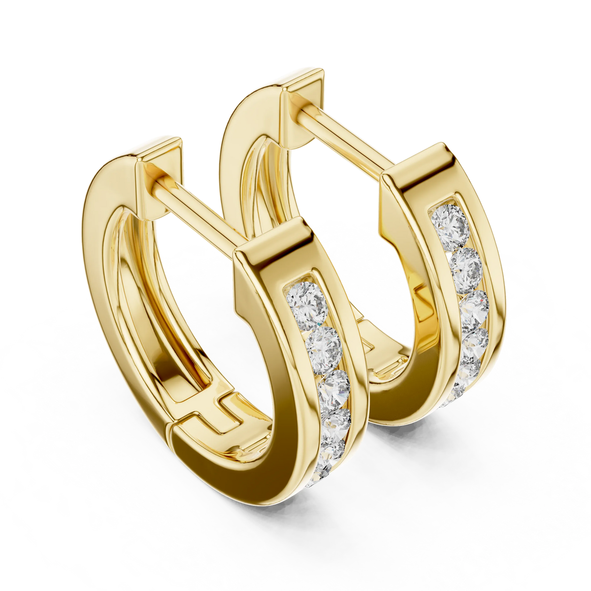 Moissanite channel set huggie earrings in yellow 925 sterling silver, view 2
