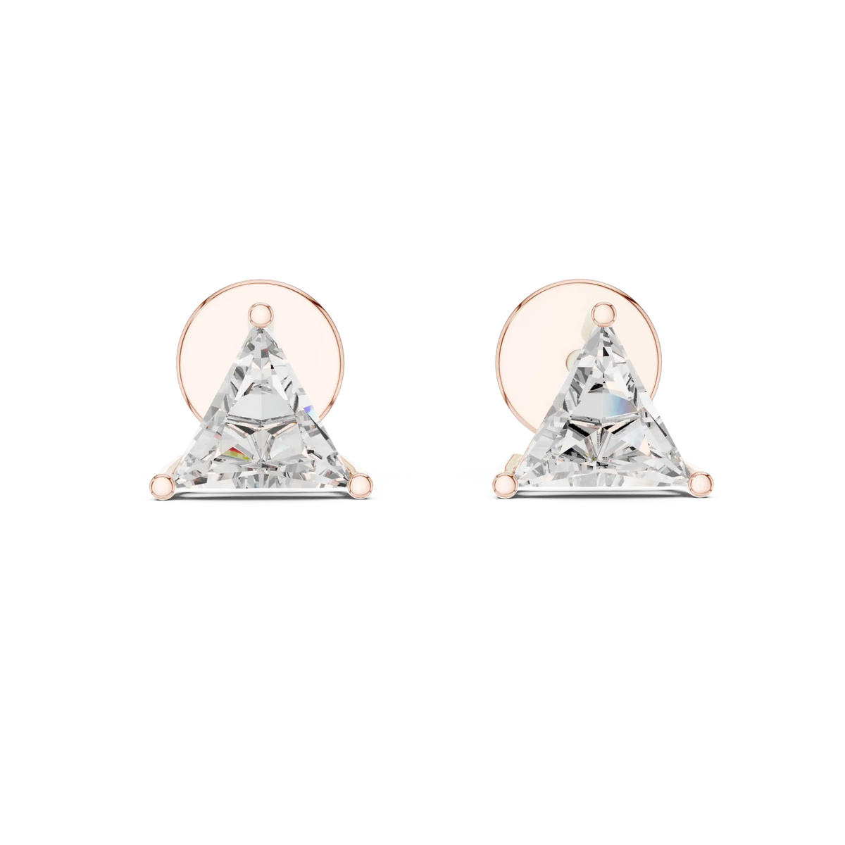 Trillion moissanite stud earrings in rose 925 sterling silver, three-prong basket, view 4