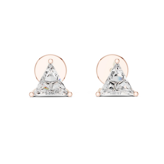 Trillion moissanite stud earrings in rose 925 sterling silver, three-prong basket, view 4