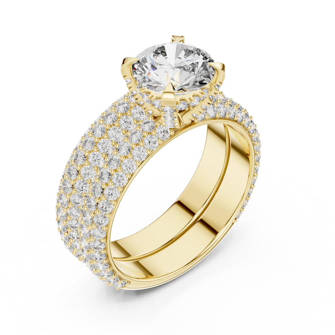 Round Solitaire Moissanite Ring with Wide Pavé Band in yellow 925 sterling silver, view 2