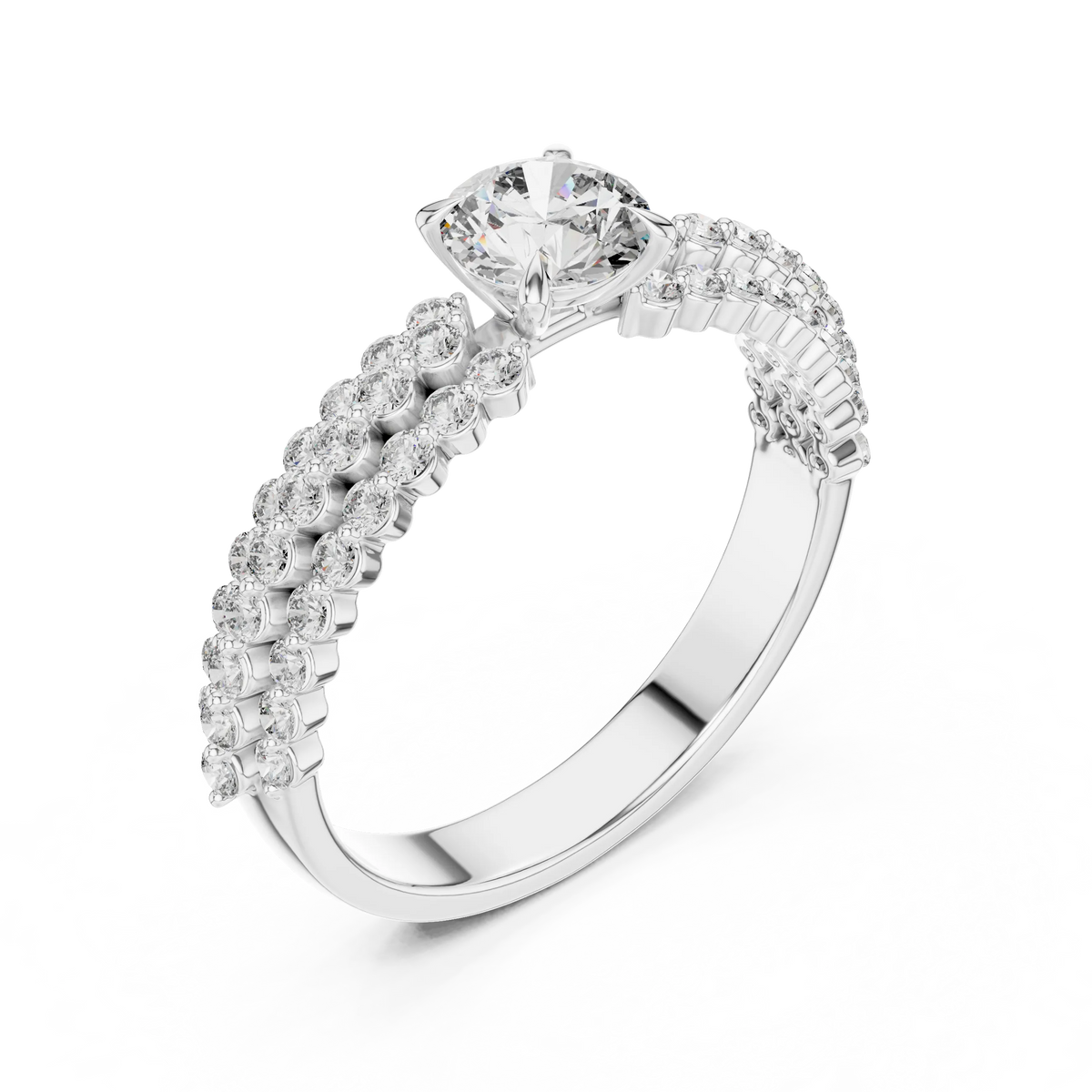 Round Solitaire Moissanite Ring with Double Row Pavé Band in white 925 sterling silver, view 2