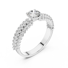 Round Solitaire Moissanite Ring with Double Row Pavé Band in white 925 sterling silver, view 2