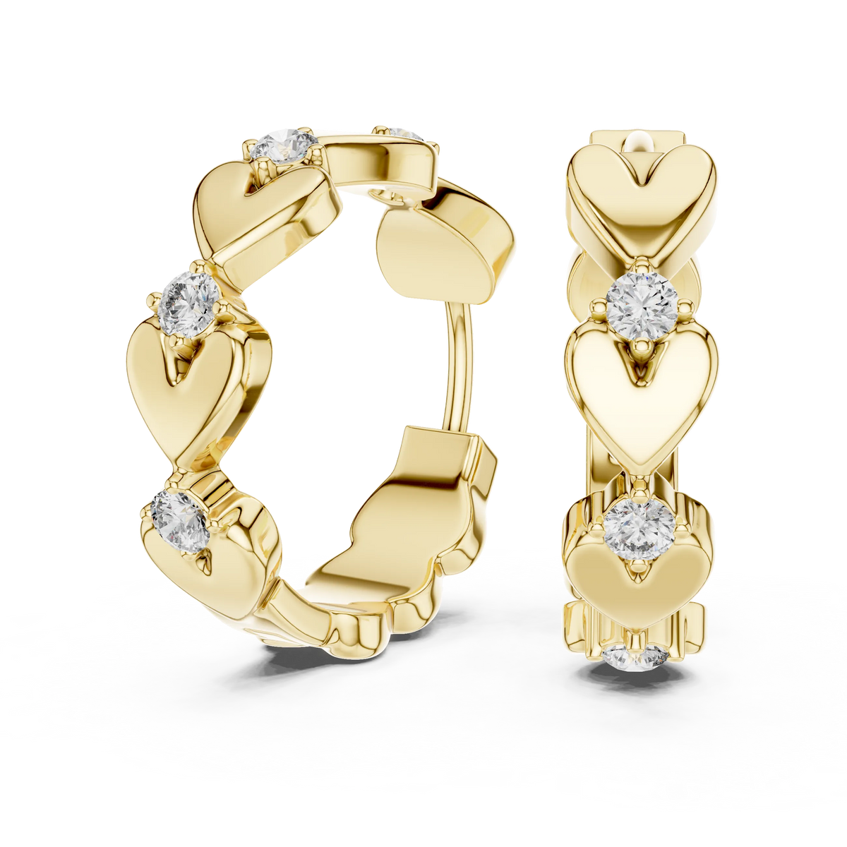 Moissanite heart huggie hoop earrings in yellow 925 sterling silver, view 1