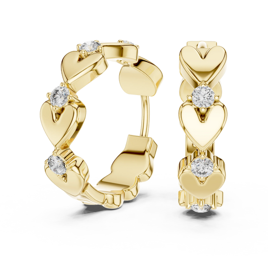 Moissanite heart huggie hoop earrings in yellow 925 sterling silver, view 1
