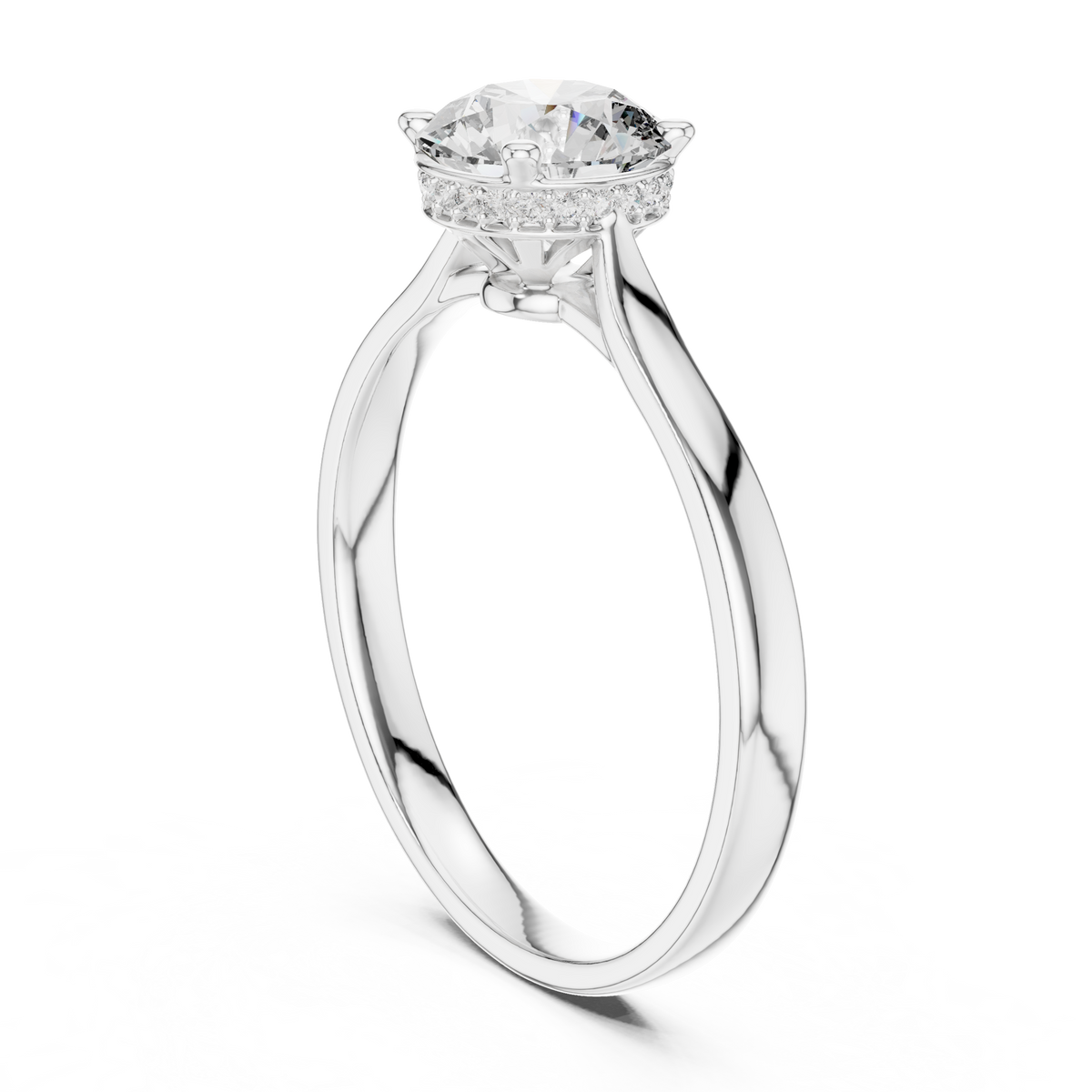 Round Hidden Halo Moissanite Solitaire Ring in white 925 sterling silver, view 1