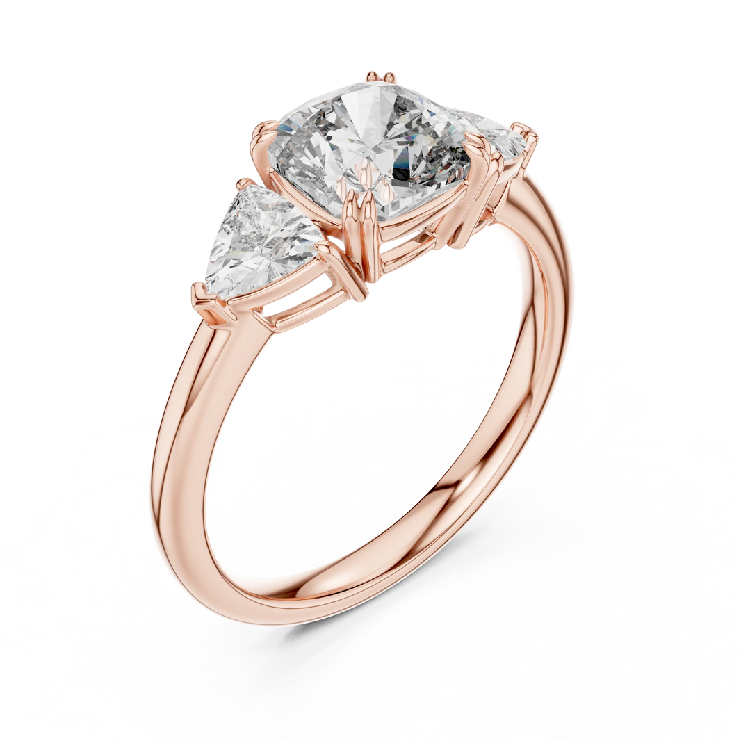 Cushion and Trillion Three Stone Moissanite Ring, Large Side Stones in rose 925 sterling silver, view 2