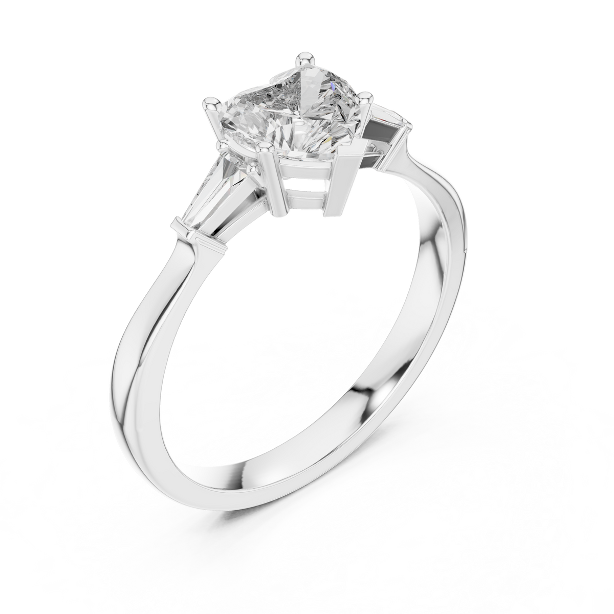 Heart Moissanite Ring with Tapered Baguette Sides in white 925 sterling silver, view 2