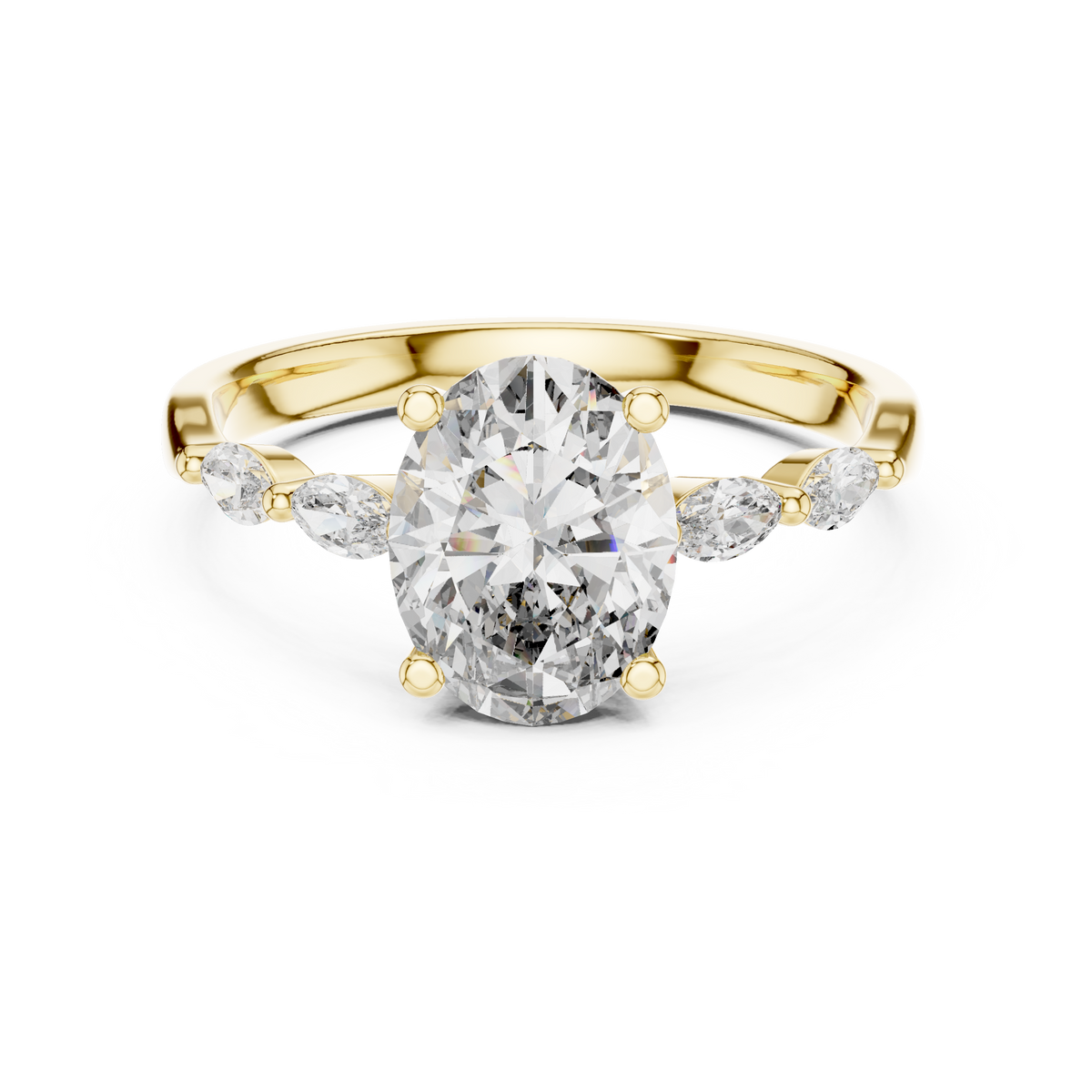 Oval Moissanite Ring with Marquise Accent Shoulders in yellow 925 sterling silver, view 4