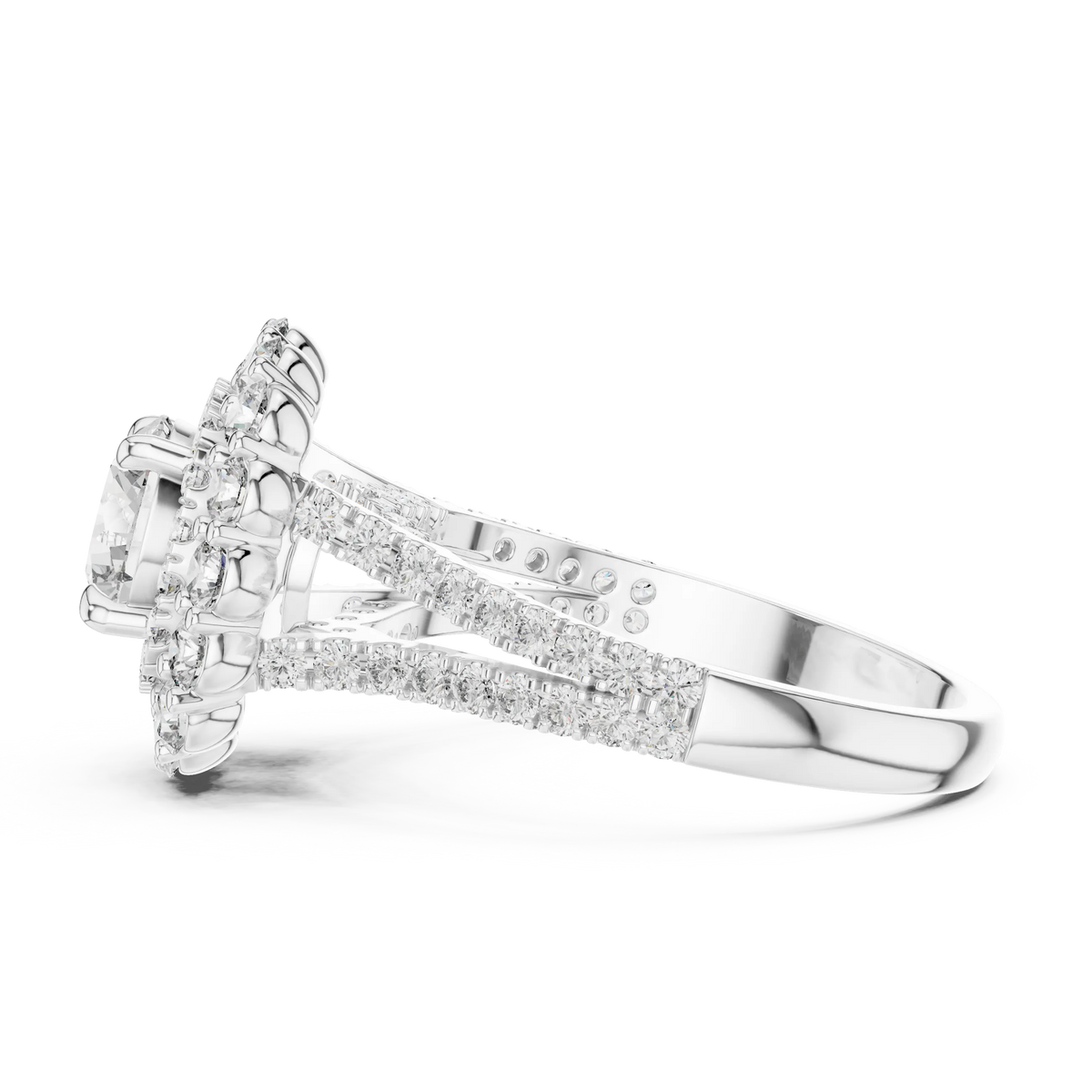 Round Cluster Halo Moissanite Engagement Ring in white 925 sterling silver, view 3