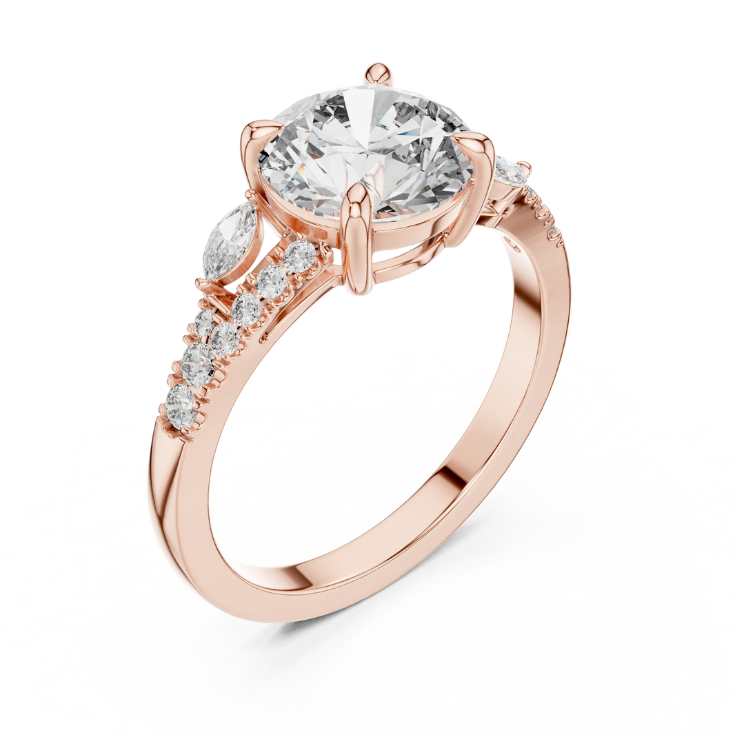 Round Moissanite Engagement Ring with Marquise Accents in rose 925 sterling silver, view 2