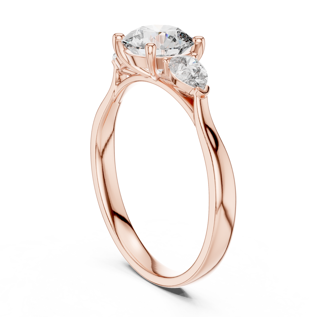 Round and Pear Three Stone Moissanite Ring in rose 925 sterling silver, view 1