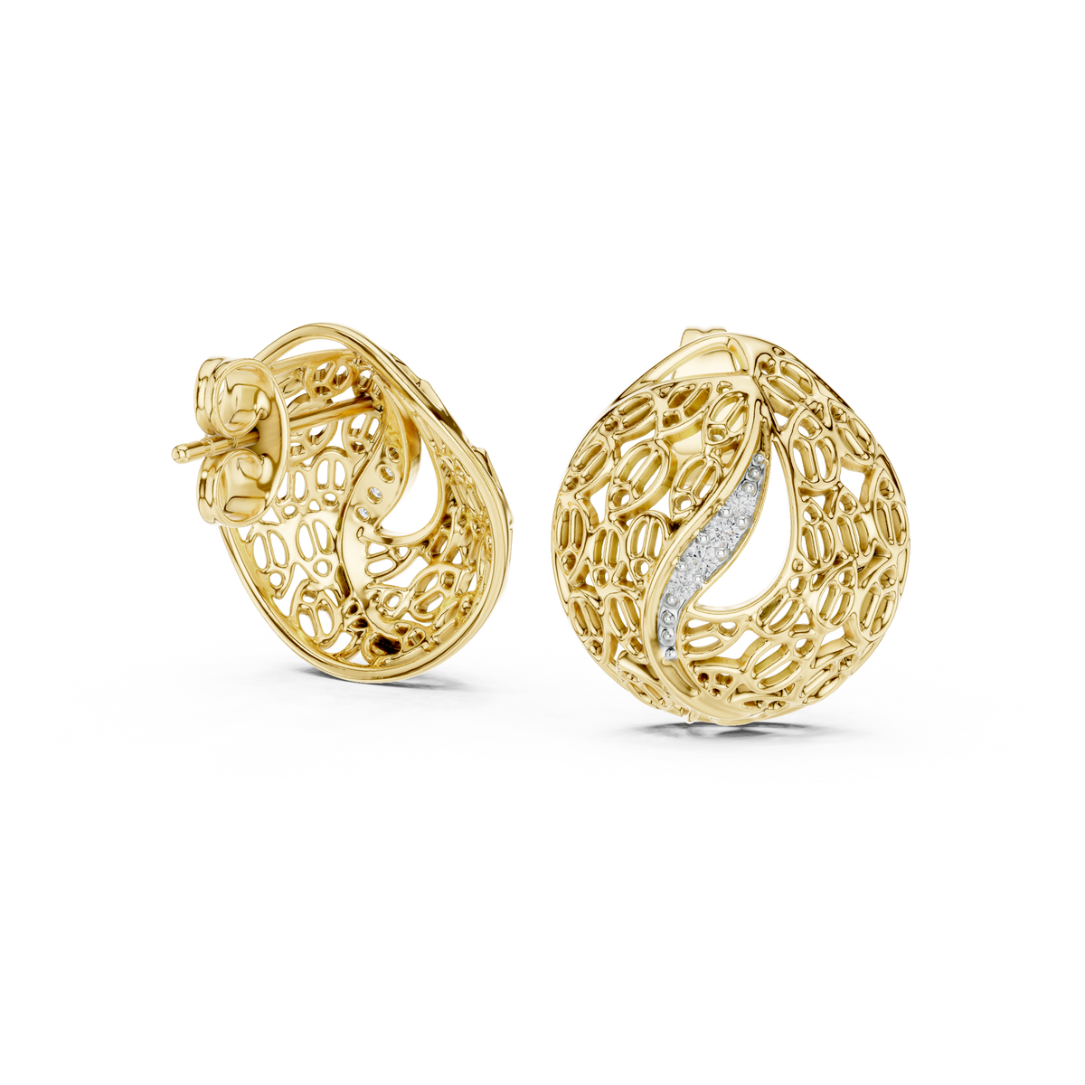 Moissanite Filigree Dome Stud Earrings in yellow 925 sterling silver, view 1