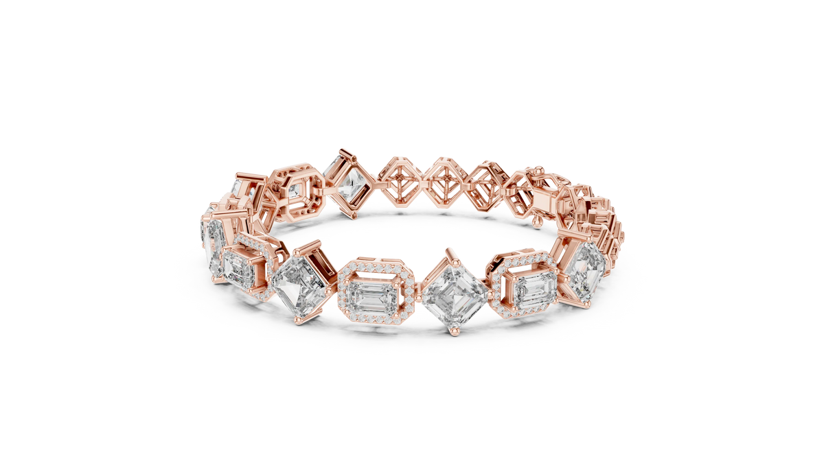 Asscher and Emerald Halo Station Moissanite Bracelet in rose 925 sterling silver, view 2