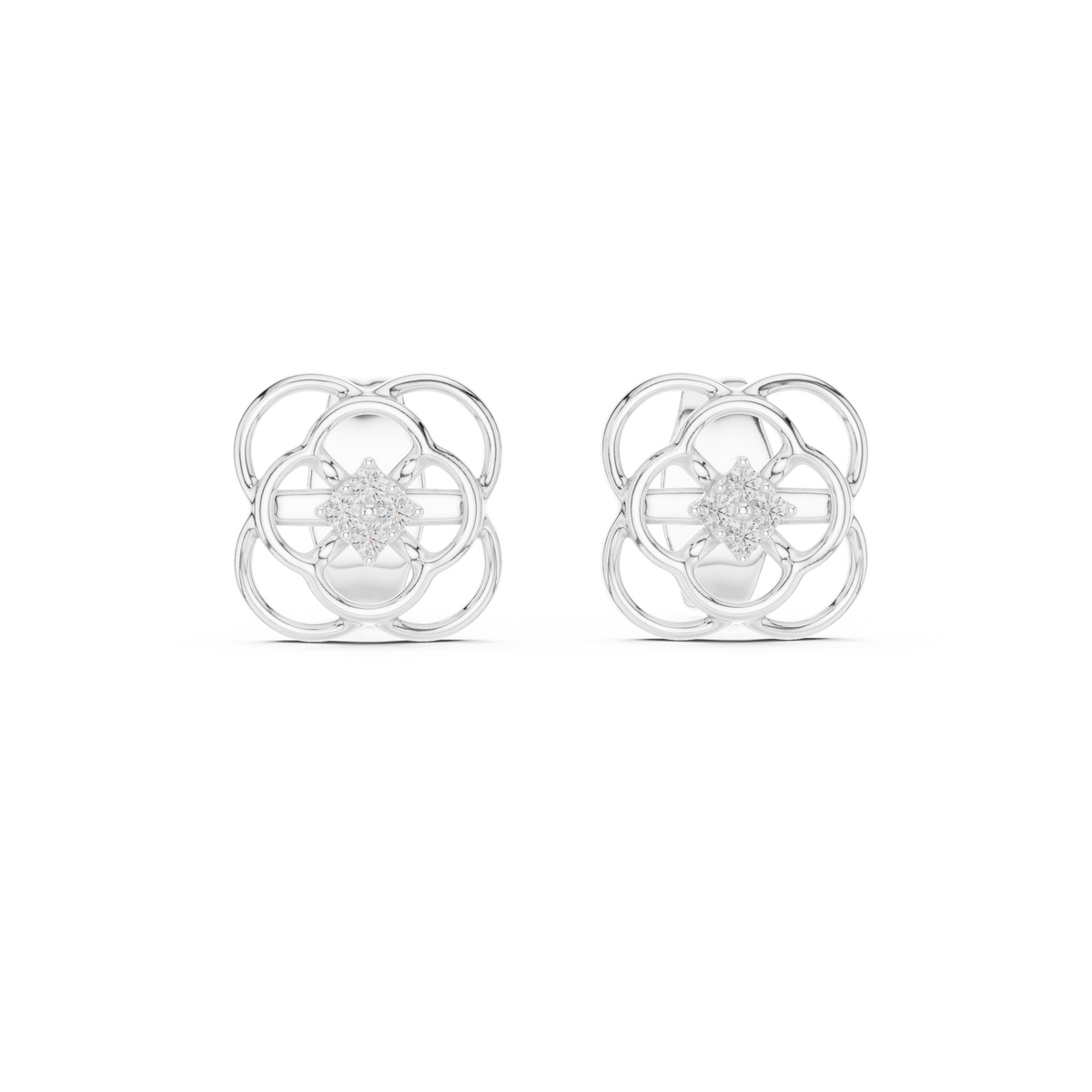 Moissanite Quatrefoil Cluster Stud Earrings in white 925 sterling silver, view 4