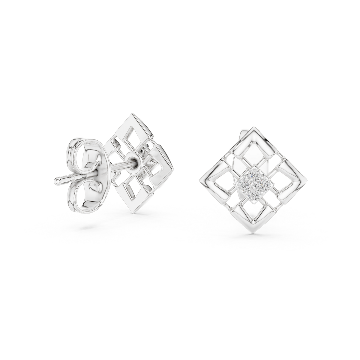 Moissanite Geometric Square Cluster Stud Earrings in white 925 sterling silver, view 1