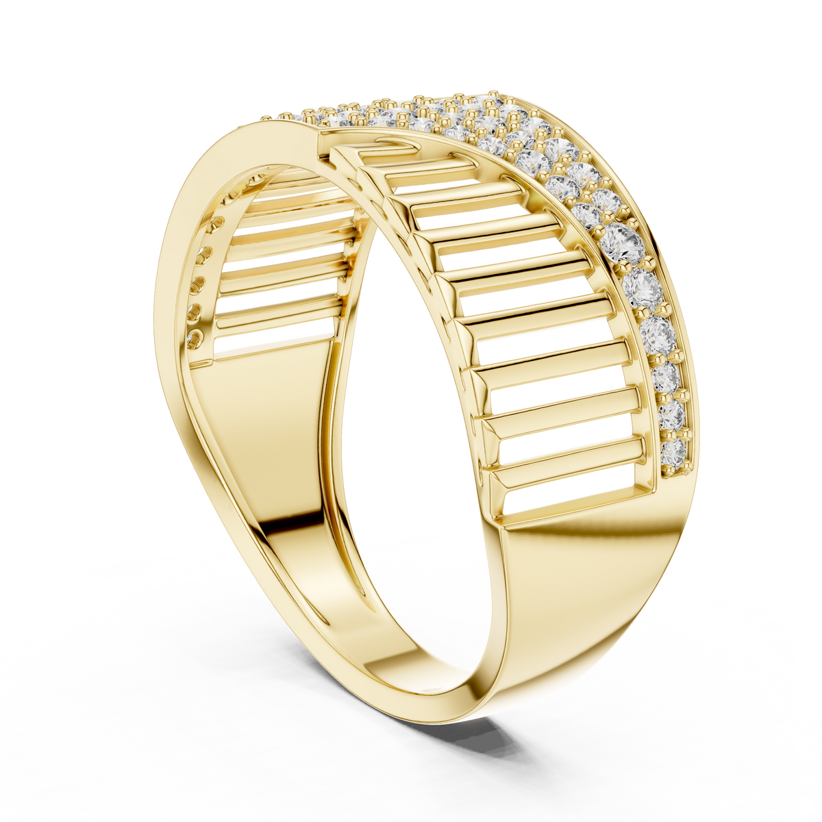 Men's Diagonal Wave Pavé and Ribbed Moissanite Band in yellow 925 sterling silver, view 1