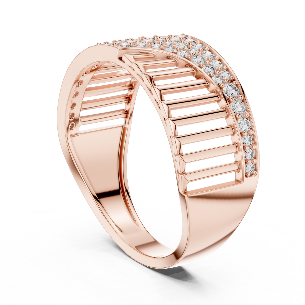 Men's Diagonal Wave Pavé and Ribbed Moissanite Band in rose 925 sterling silver, view 1