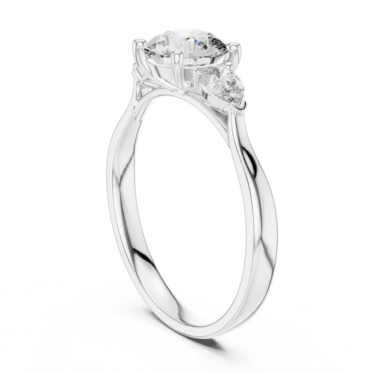 Round and Pear Three Stone Moissanite Ring in white 925 sterling silver, view 1