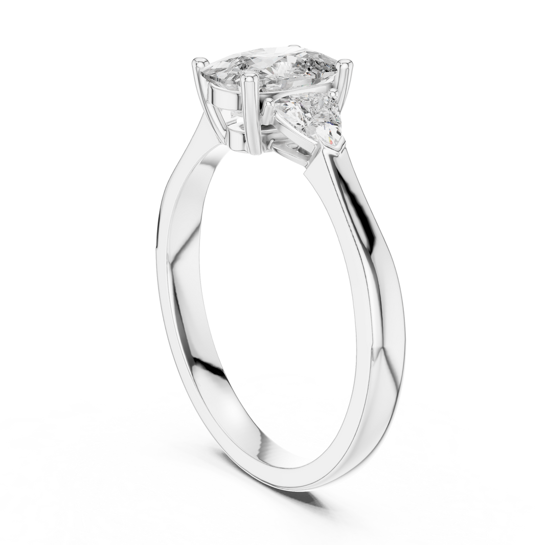 Cushion Cut and Curved Trillion Three Stone Moissanite Ring in white 925 sterling silver, view 1