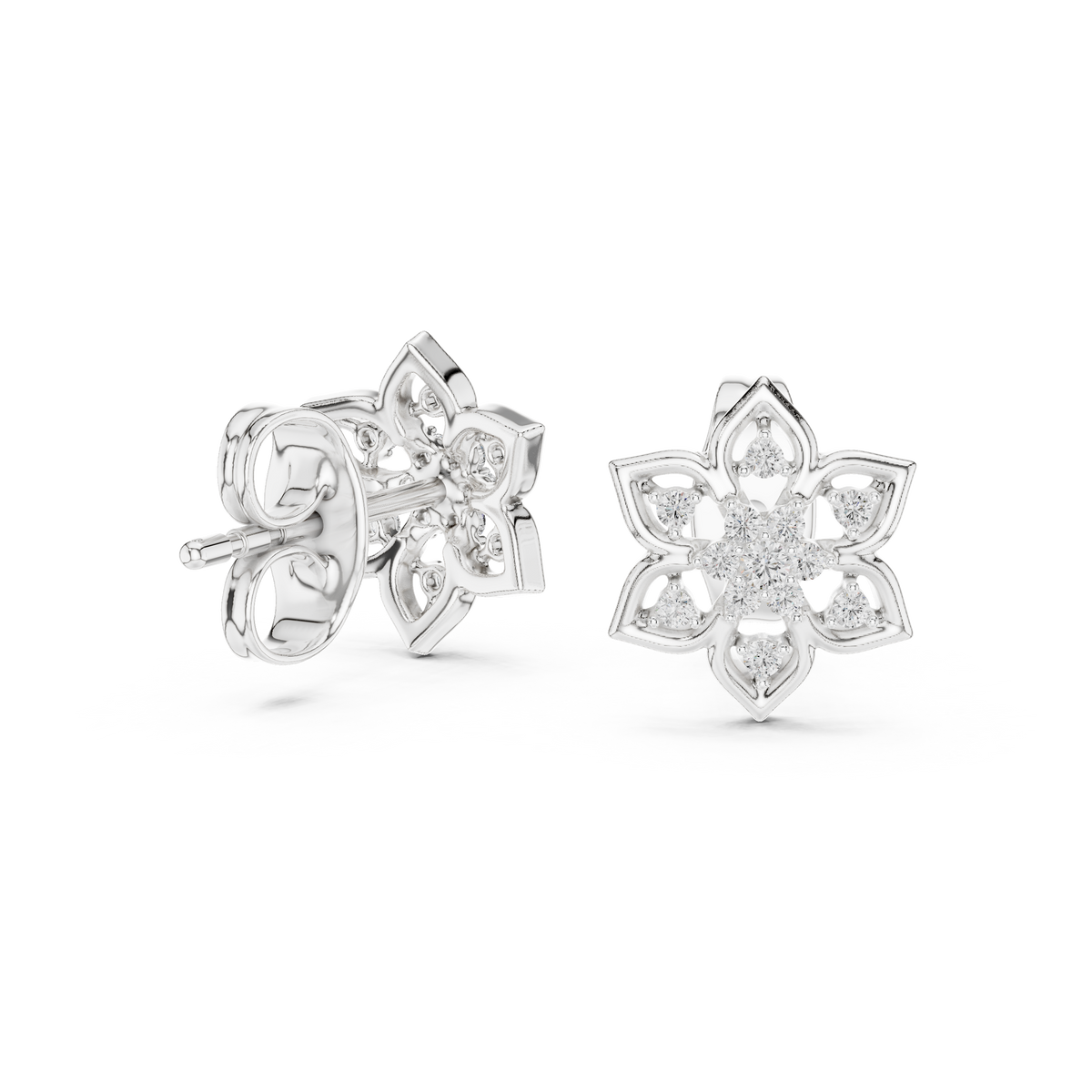 Moissanite Lotus Star Stud Earrings in white 925 sterling silver, view 1