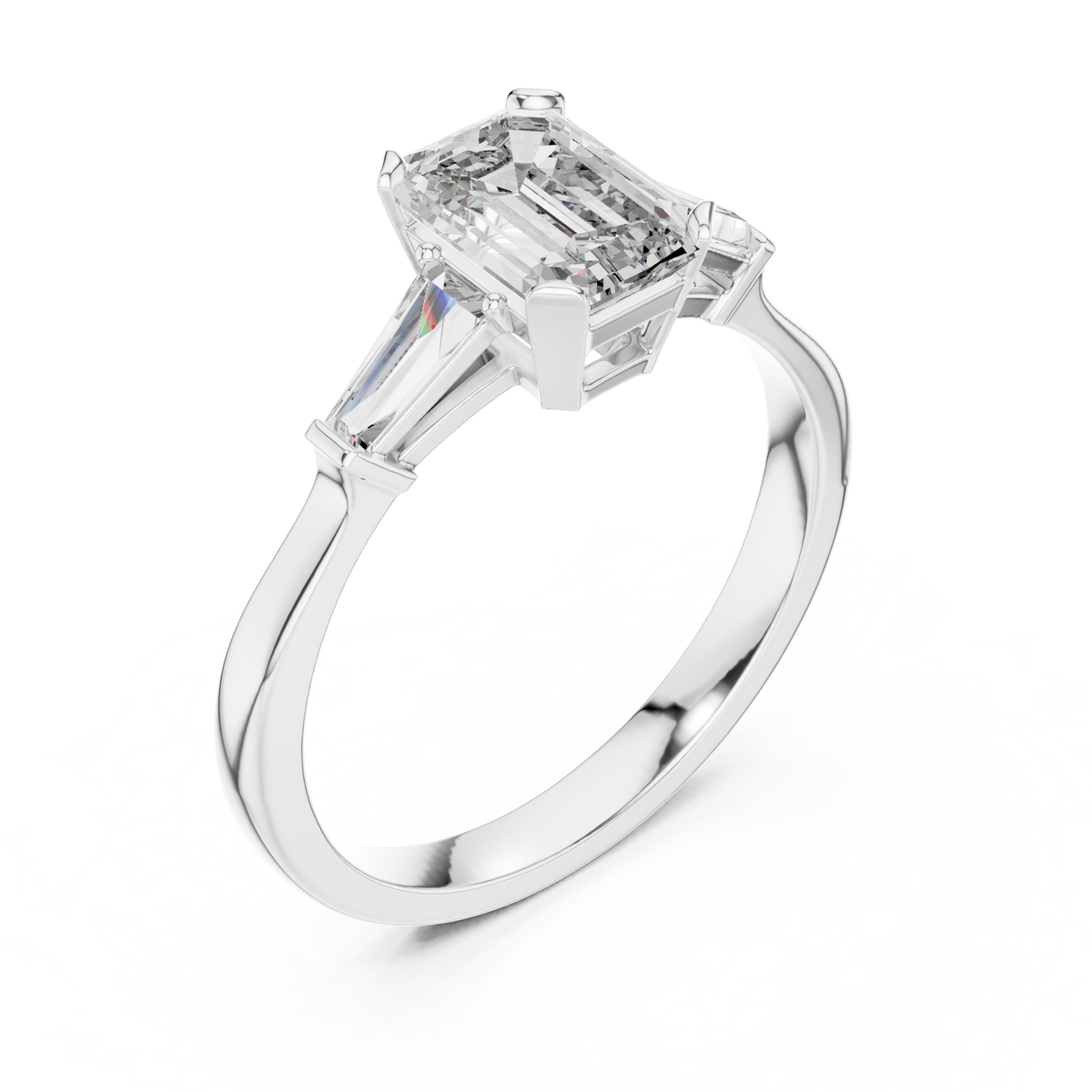 Emerald Cut Moissanite Ring with Tapered Baguette Sides in white 925 sterling silver, view 2