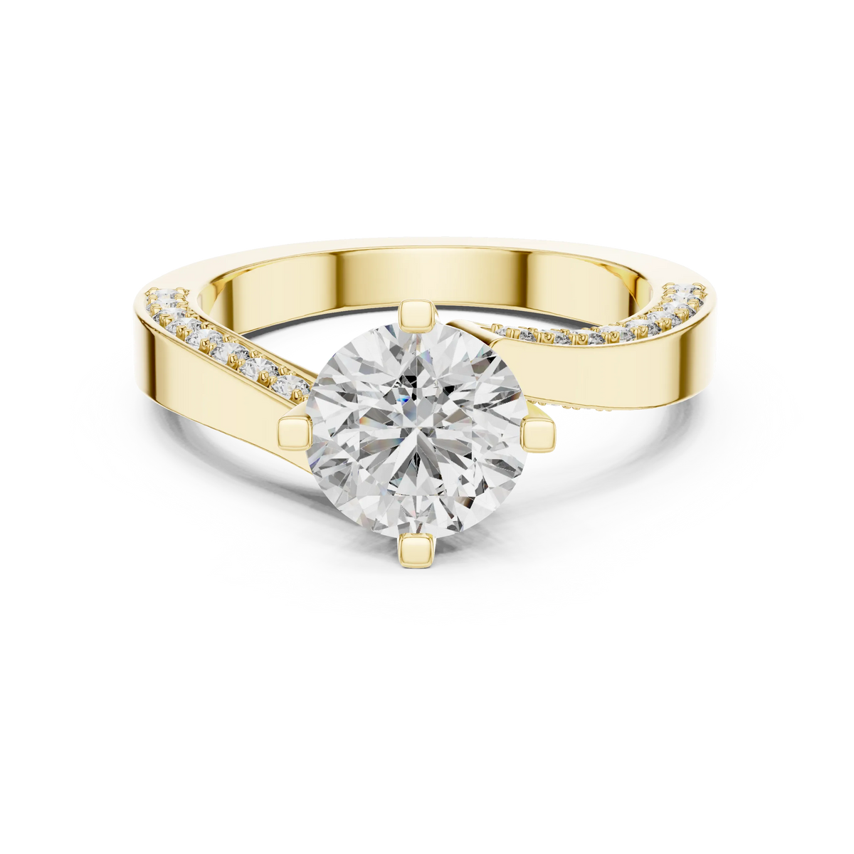 Round Solitaire Moissanite Ring with Pavé Cathedral Shank in yellow 925 sterling silver, view 4
