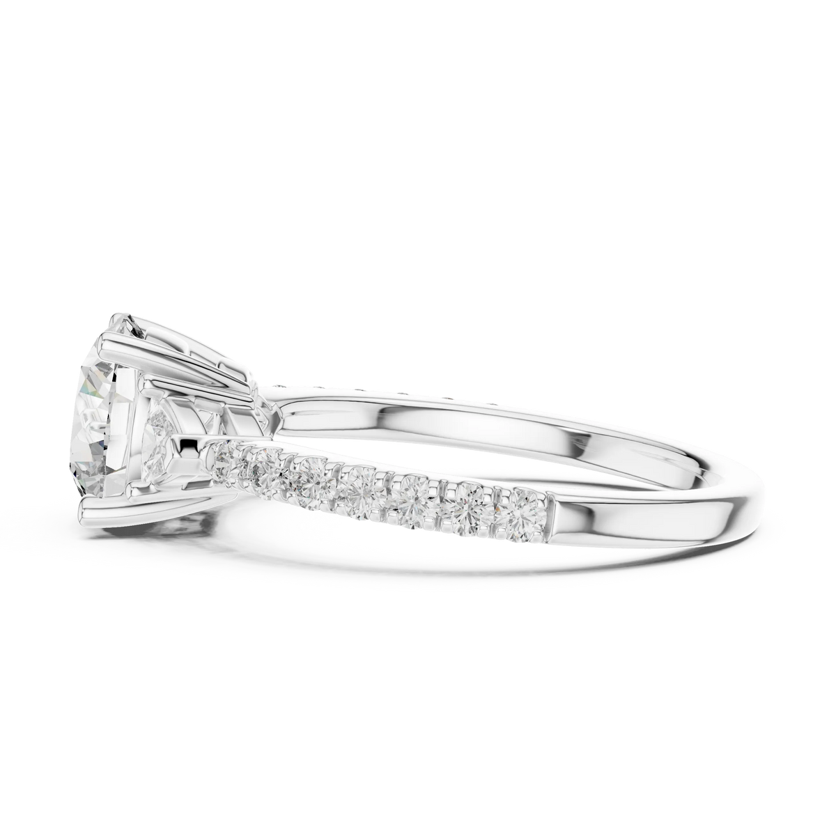 Round Moissanite Ring with Trillion Sides and Pavé Band in white 925 sterling silver, view 3