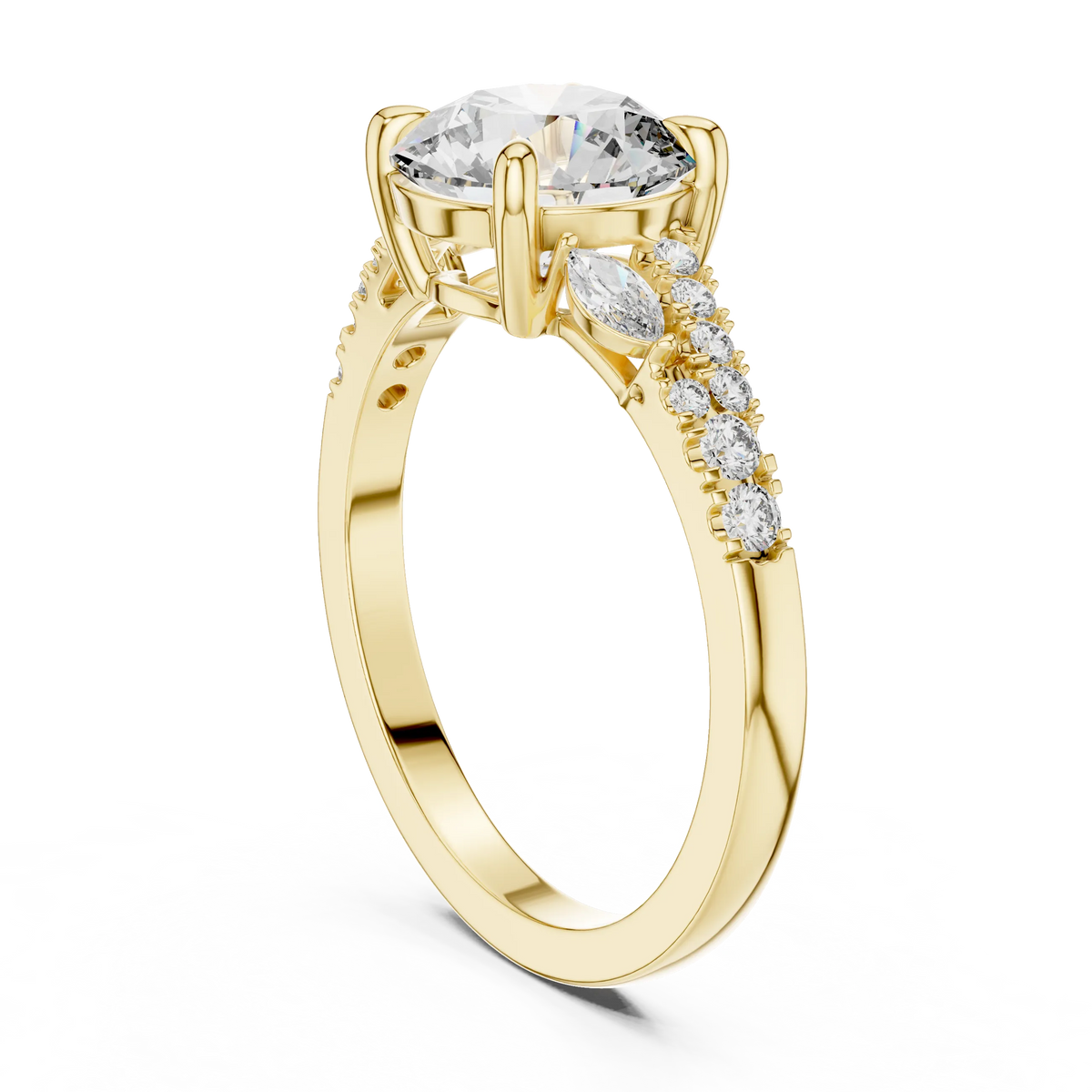 Round Moissanite Engagement Ring with Marquise Accents in yellow 925 sterling silver, view 1
