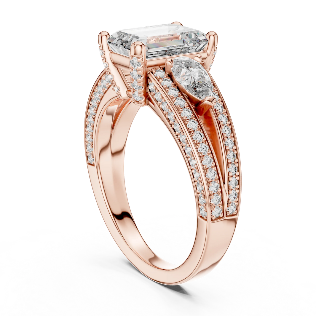 Emerald Cut Moissanite Ring with Pear Sides and Split Pavé Shank in rose 925 sterling silver, view 1