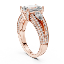 Emerald Cut Moissanite Ring with Pear Sides and Split Pavé Shank in rose 925 sterling silver, view 1