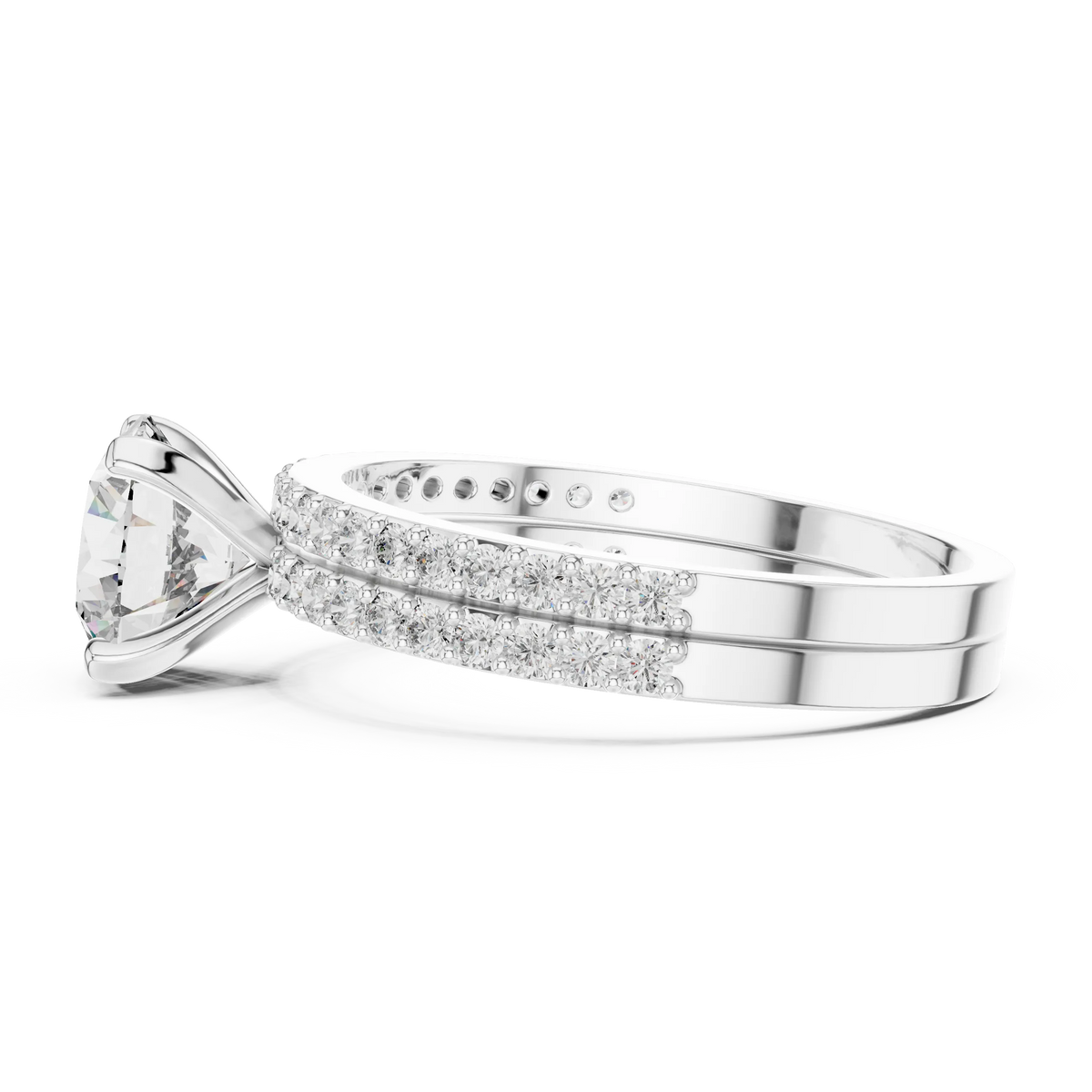 Round Solitaire Moissanite Ring with Double Pavé Band in white 925 sterling silver, view 3