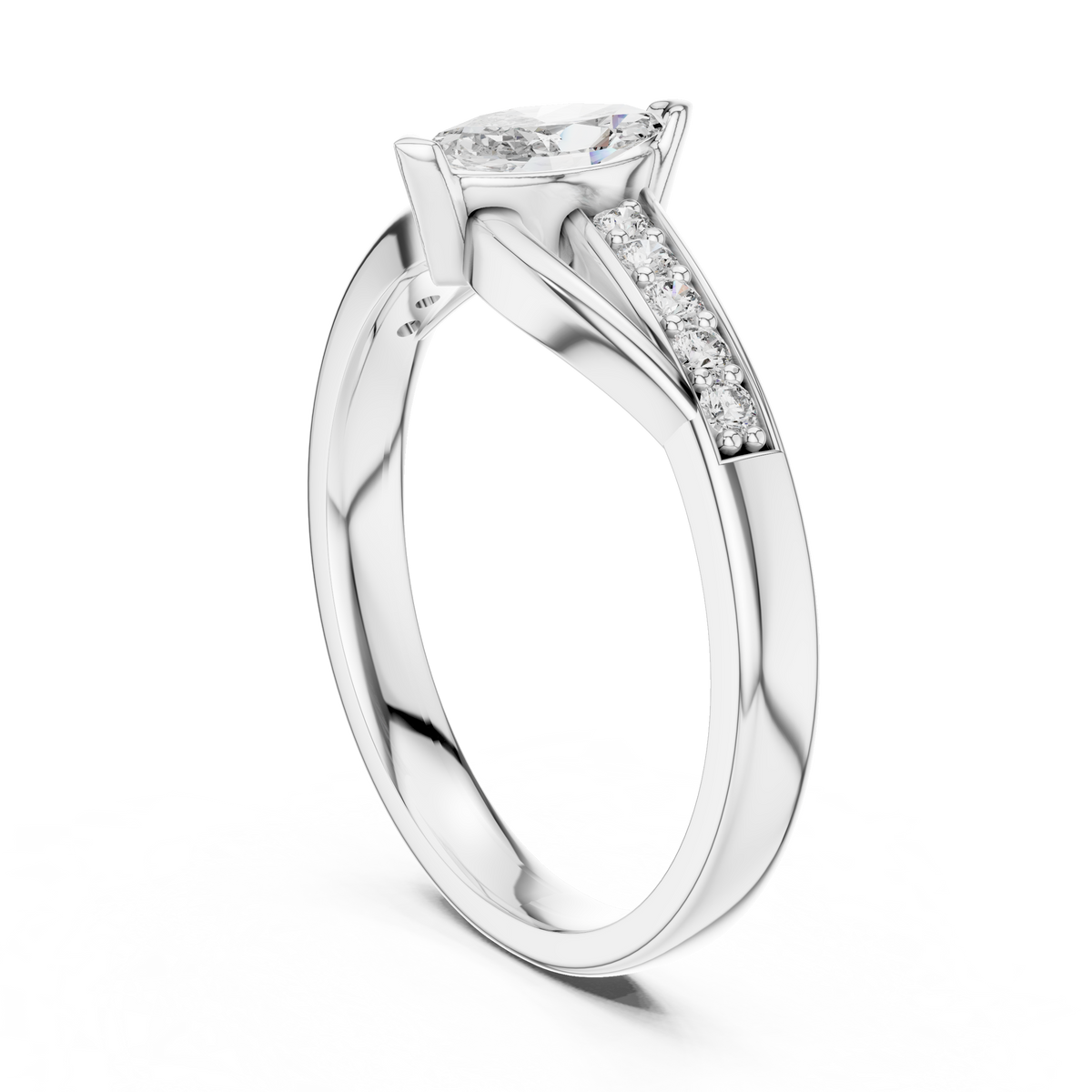 Marquise Bypass Moissanite Ring with Pavé Shoulders in white 925 sterling silver, view 1
