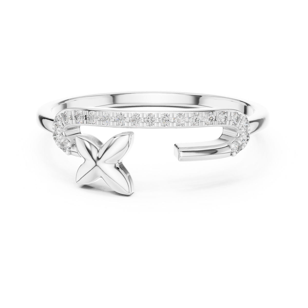 Pavé Bar Moissanite Ring with Clover Accent in white 925 sterling silver, view 4