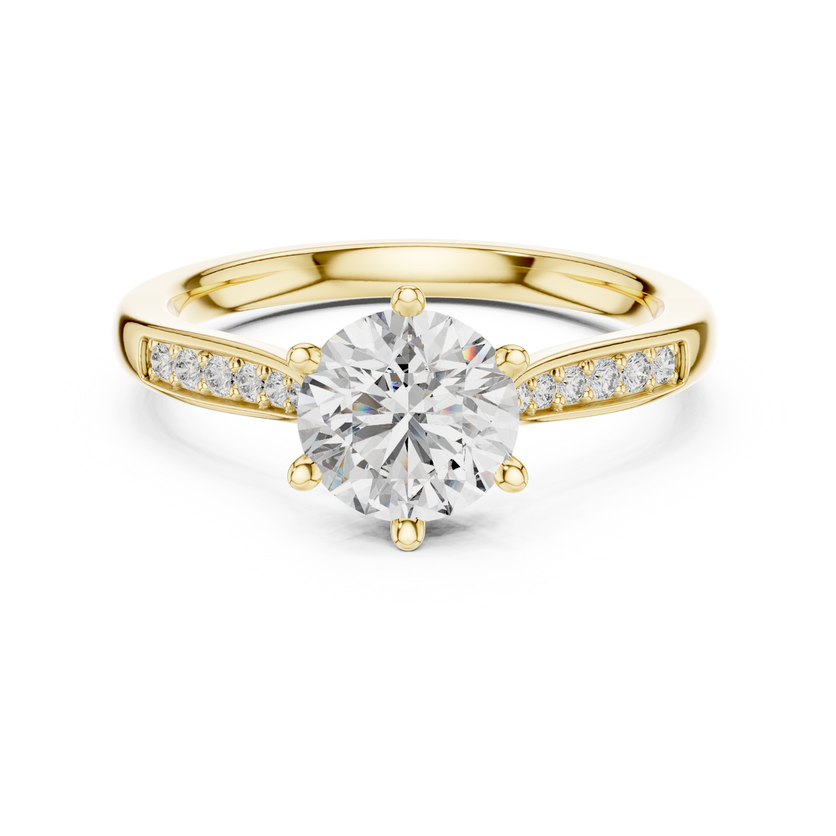 Round Six Prong Moissanite Ring with Pavé Shoulders in yellow 925 sterling silver, view 4