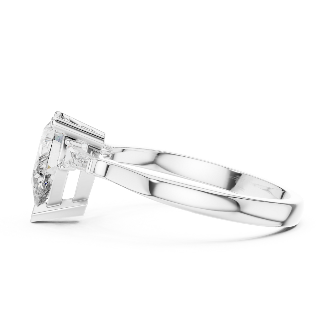 Pear Moissanite Ring with Tapered Baguette Sides in white 925 sterling silver, view 3