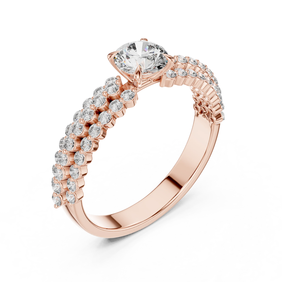 Round Solitaire Moissanite Ring with Double Row Pavé Band in rose 925 sterling silver, view 2