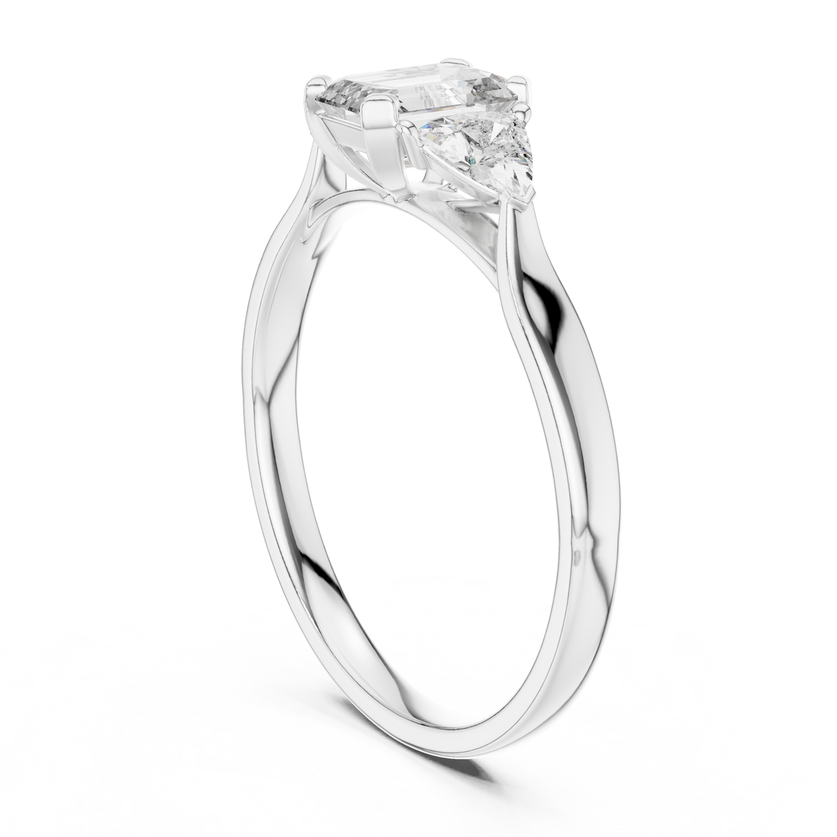 Emerald Cut and Trillion Three Stone Moissanite Ring in white 925 sterling silver, view 1