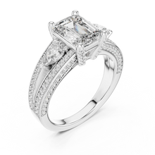 Emerald Cut Moissanite Ring with Pear Sides and Split Pavé Shank in white 925 sterling silver, view 2